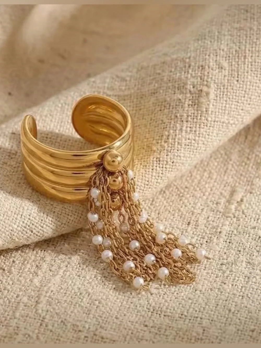 Gold Tassel Chain Ring with Pearl Accents